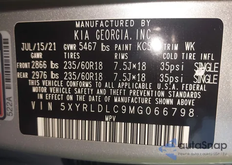 2021 Kia Sorento S z USA, uszkodzony, nr VIN 5XYRLDLC9MG066798
